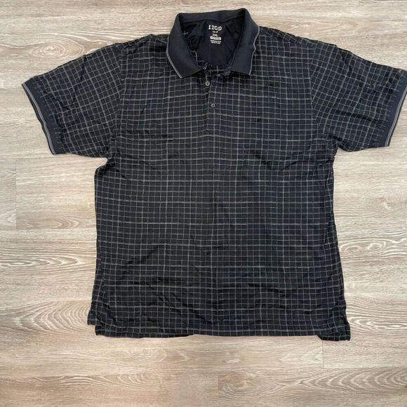 IZOD Black Gray Cotton Soft Cotton Two-Tone Stripe Polo - Picture 1 of 6